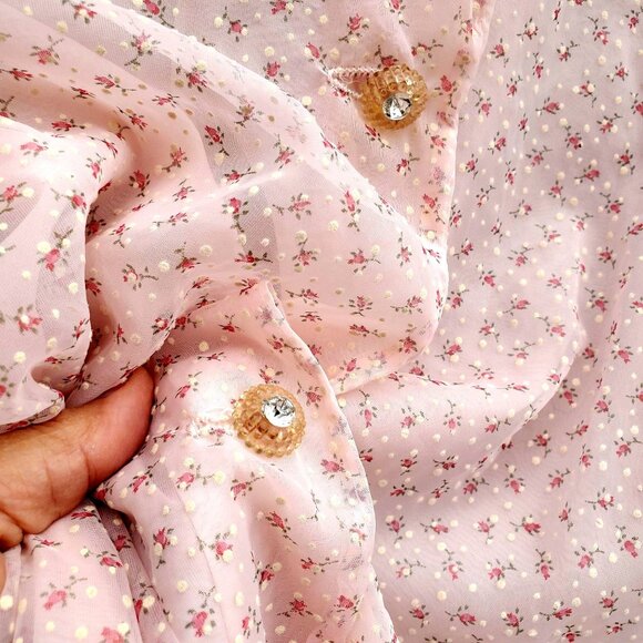 Vintage Pink Nylon Dotted Swiss Robe L Lace Collar Rhinestone Buttons 1960s - Picture 4 of 11